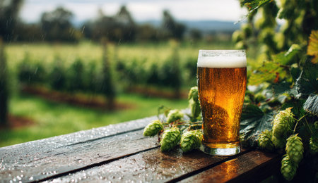 A glass of beer with a frothy head is placed on a rustic wooden surface. The image highlights the drink's golden color, enhanced by the natural lighting. The composition includes details of green hops and a blurred background of a field. This image is suitable for various commercial purposes.の素材