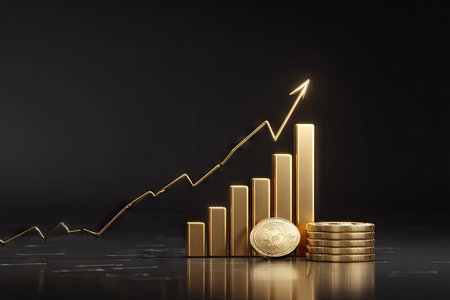 A golden graph and coin are displayed against a dark background, illustrating financial growth. The composition incorporates a rising trend line with a bar chart, alongside a coin and a pile of coins, suggesting increasing value. This image could be used in finance reports or presentations highlighting market trends.の素材