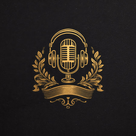 An emblem showcases a microphone and headphones, rendered in gold tones. The design features laurel leaves, a banner, and decorative elements against a dark backdrop. This visual presentation, with its refined aesthetic, could be suitable for promotional materials, or various design applications.の素材