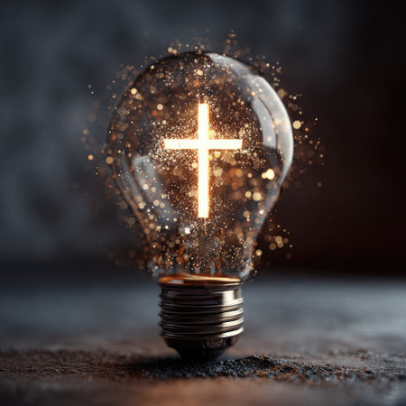 An illuminated cross shape glows brightly inside a light bulb. The image uses a soft focus and features sparkling particles. The background is a gradient of dark tones. This visual could be used to represent concepts like spirituality, faith, or innovation for a variety of editorial or commercial purposes.の素材