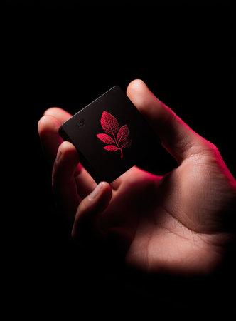 A hand delicately holds a small, black square object adorned with a red leaf pattern. The image showcases a contrast of light and shadow, with the object illuminated against a deep black backdrop. This presentation emphasizes the object's form and color, suitable for various promotional and advertising applications.の素材