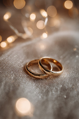 Two golden wedding rings rest on a textured surface, possibly fabric. The rings are the focal point, with soft, diffused bokeh lights illuminating the background. The image exhibits a warm color palette with a shallow depth of field, suggesting an intimate setting. Suitable for commercial projects involving romance, weddings, or celebrations.の素材