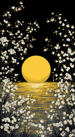An illustration depicts a large, golden sun setting over water, with a black background. White blossoms frame the scene, creating a contrast. The artwork employs a symmetrical composition and offers a sense of tranquility. It may be suitable for decorative designs or artistic concepts.の素材