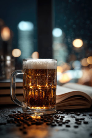 A glass of beer sits on a table, the golden liquid contrasting with the white foam. The image features a shallow depth of field, with soft lighting and bokeh in the background. Beside the glass, an open book is partially visible, indicating a quiet indoor scene. This image is suitable for various commercial uses.の素材