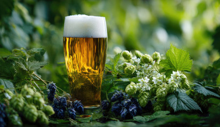 A tall glass of beer stands prominently in this image, showcasing a light golden liquid topped with foamy white head. The surrounding foliage consists of green leaves and hop flowers, creating a natural backdrop. The overall lighting suggests a bright day. This image could be suitable for advertising or editorial content about beverages.の素材