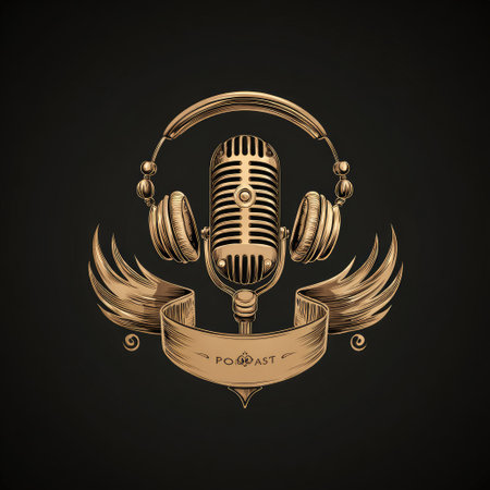 An illustration features a golden microphone flanked by headphones and stylized wings over a ribbon banner. The artwork showcases a textured appearance with intricate detailing and highlights on a dark backdrop. Suitable for applications involving audio, broadcasting, or podcast production, it offers design elements that can be utilized in varied commercial contexts.の素材
