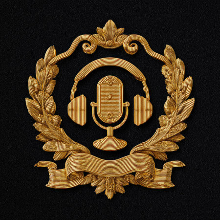 An ornate golden emblem features a stylized microphone and headphones within a laurel wreath and banner, set against a dark backdrop. The composition showcases detailed textures and warm tones of gold. Suitable for commercial applications, the image can be used for various projects including design and promotional materials.の素材