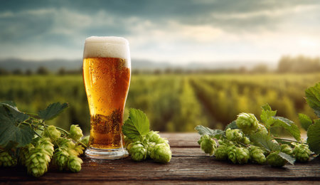 A glass of beer sits on a wooden table, surrounded by hop plants. The scene is set outdoors with a blurred background of a field under a cloudy sky. The lighting suggests daylight. Suitable for illustrating various commercial or editorial concepts related to beverages or agriculture.の素材