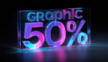 An illuminated graphic of the word GRAPHIC and the number 50 percent is displayed on a glass panel. The text exhibits a vibrant color gradient, predominantly featuring blue, pink, and purple hues against a dark background. The scene suggests a modern, digital context, potentially suitable for promotional or advertising use.の素材