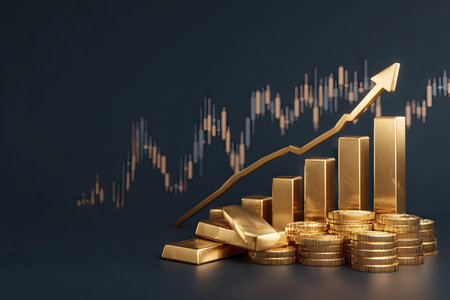 This image displays gold bars and coins, accompanied by a rising arrow and financial market graph. The composition features a dark background which enhances the metallic sheen of the gold. It uses overhead lighting, creating highlights and shadows. The graphic could be used for illustrations related to finance, investment or business success.の素材