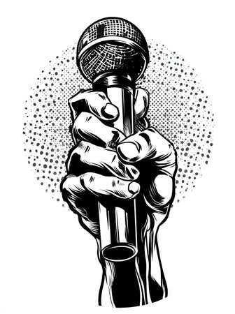 An illustration depicts a hand gripping a microphone, rendered in black and white. The artwork features detailed linework, a textured surface, and a high-contrast composition. The image suggests performance or recording, suitable for various promotional and creative applications. It is possibly an overhead shot, with a dotted background.の素材