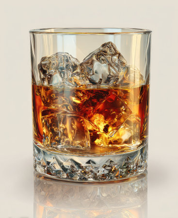 A glass filled with ice cubes and amber liquid is displayed against a neutral backdrop. The transparent glass allows light to pass through, creating dynamic reflections. This high-angle shot provides a detailed view of the contents, potentially suitable for beverage advertising and editorial content.の素材