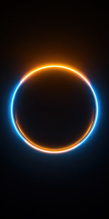 A vibrant neon circle is presented against a deep black background. The design features a two-tone gradient with blue and orange colors. This creates a contrasting visual element. Suitable for use in design projects or as a modern background, the image is adaptable for various commercial applications.の素材