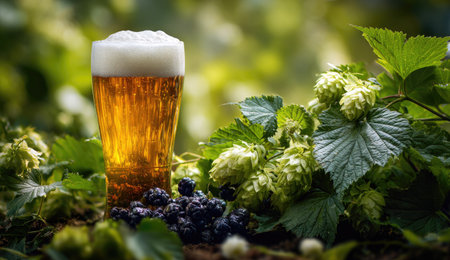 A tall glass of beer is the focal point, its golden liquid and foamy head contrasting with the green hop plants and dark berries. The composition is well-lit, suggesting a sunny outdoor environment. The image evokes refreshment and could be suitable for advertising or editorial content related to beverages or food.の素材