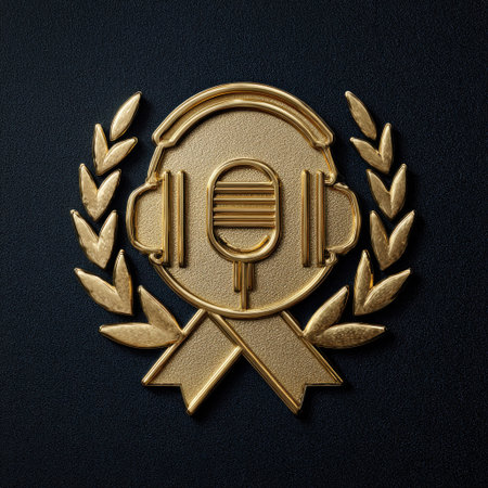 A golden emblem features a stylized design of headphones and a microphone, encircled by a laurel wreath and a ribbon. The composition is set against a dark, contrasting background, enhancing the details and highlighting the metallic texture. Suitable for various applications including graphic design or visual communication.の素材