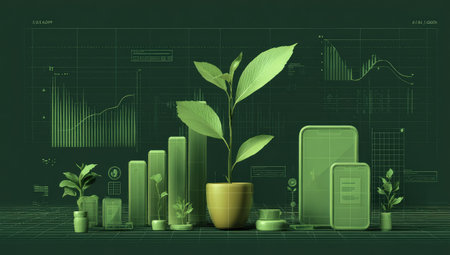 A green plant flourishes alongside digital charts and mobile devices. The visual composition features a monochromatic color palette, highlighting elements related to growth and technology. The image suggests a connection between nature, finance, and digital communication, suitable for various business and editorial applications.の素材