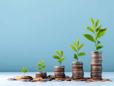 The image features small green plants sprouting from stacks of coins. The composition utilizes a gradient blue background with coins scattered at the base, and soft lighting. This scene could represent investment, savings, or business growth, suitable for various financial or commercial projects.の素材