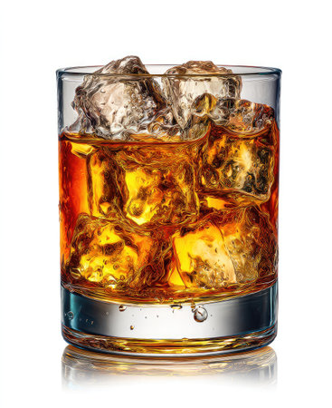 A close-up view displays a glass filled with amber liquid and clear ice cubes. The composition features a high-angle shot with strong lighting. It conveys the concept of refreshment and luxury. Suitable for commercial projects, this image could be used in advertising or editorial contexts.の素材