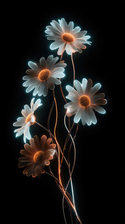 A close-up image showcases a cluster of illuminated daisy flowers. The petals exhibit a soft, ethereal glow, contrasted against a deep black backdrop. The lighting highlights the delicate details and textures of the blooms. Ideal for decorative purposes or creative projects requiring a touch of elegance and visual interest.の素材
