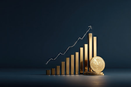 A golden bar chart is presented with a white upward-pointing arrow against a dark backdrop. The composition features a stack of gold bars, with a coin placed beside. The image is rendered with smooth gradients and a modern aesthetic, suitable for illustrating business, finance, or investment concepts. It has ample copy space.の素材