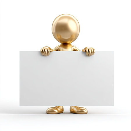 A golden figure holds a white blank sign in a studio setting. The image features a smooth, reflective surface with neutral lighting. The figure is stylized and lacks facial features, suitable for commercial projects or illustrative purposes. It can be used for various advertising campaigns or editorial layouts.の素材