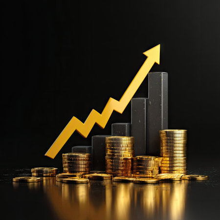 A golden arrow pointing upwards overlays a stack of coins and a rising bar graph on a black surface. The composition showcases golden and dark gray tones, emphasizing prosperity and upward movement. This visual is suitable for depicting financial concepts and may be used in various commercial applications.の素材