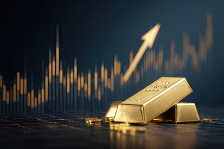 The image features shiny gold bars positioned in front of a financial graph with an upward-pointing arrow. The scene uses a dark background and selective focus, emphasizing the gold and the rising trend. This composition may be suitable for illustrating financial markets, investment strategies, or wealth-related concepts in editorial and commercial contexts.の素材
