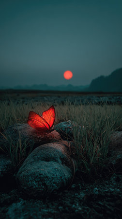 A vibrant red butterfly rests atop a rock formation under a twilight sky. The scene features a soft focus, with the butterfly's wings glowing against the backdrop. The composition suggests an outdoor environment, possibly a field or meadow. Suitable for artistic projects, illustrations, or conceptual designs.の素材