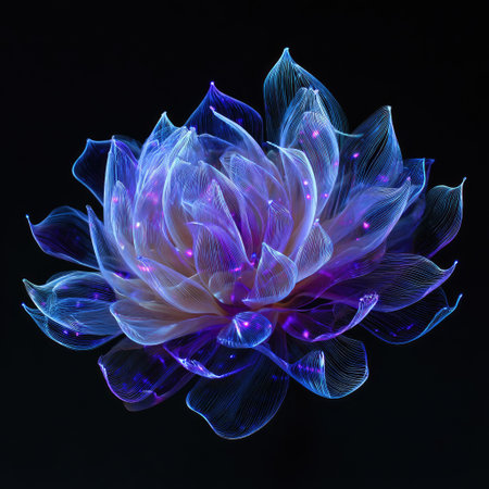 A luminous, stylized flower is rendered against a deep black backdrop. The petals exhibit translucent qualities with gradients of blue and purple hues, and the overall composition suggests a digital art style. The image has potential use in various design projects for illustrative purposes.の素材