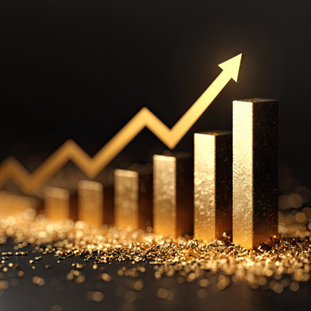 A golden bar graph is displayed against a dark background, illustrating progress. The upward-pointing arrow overlays the bars, emphasizing growth. The image uses metallic textures, strong lighting, and a shallow depth of field. Suitable for illustrating business success, market trends, or financial reports in various commercial applications.の素材