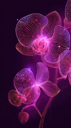 This image features a digital illustration of orchid flowers with a glowing effect. The composition showcases the delicate petals rendered with luminous lines. The color palette includes vibrant shades of pink and purple against a dark background, suggesting a nighttime or studio setting. This artwork is suitable for various commercial uses.の素材