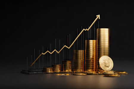 Stacks of gold coins and a rising graph dominate the frame against a dark backdrop. The scene suggests financial growth and economic progress. The composition uses selective lighting, highlighting the golden color of the coins. Suitable for illustrating business, finance, or investment themes in various applications.の素材