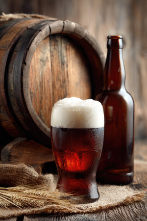 A close-up view displays a glass of beer with a creamy foam, positioned in front of a weathered wooden barrel and a brown glass bottle. The image features warm tones and highlights the beverage and its presentation. The lighting creates shadows, hinting at an indoor setting. Suitable for commercial or editorial applications.の素材