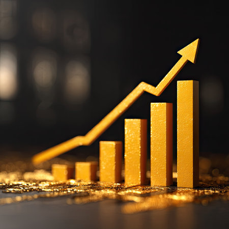 An image showcases a golden bar chart and upward-pointing arrow against a dark background. The scene emphasizes a concept of financial progress. The composition uses warm colors and strong lighting to create depth and visual interest. It is suitable for illustrating business growth and success in various applications.の素材