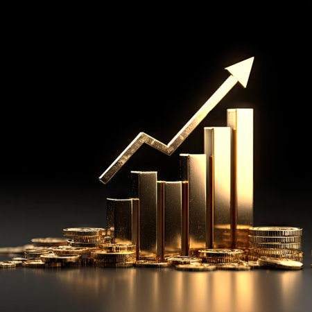 A golden growth chart with an upward-pointing arrow sits above stacks of coins. The scene is illuminated by directed lighting against a black background. The overall composition suggests progress and financial success. The image could be used for various commercial projects related to finance or business.の素材