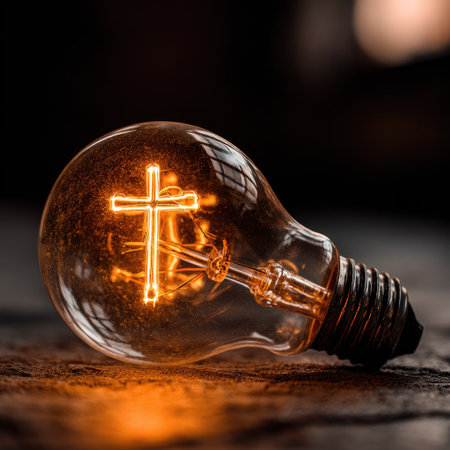 An illuminated cross shape glows within a clear light bulb, set against a blurred background. The image displays warm tones and detailed textures, suggesting an indoor setting. This conceptual composition could be used for illustrations related to faith, ideas, or enlightenment, in various media projects.の素材