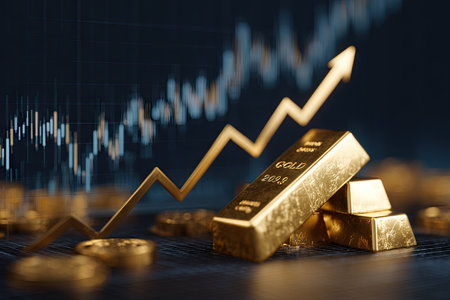 This image features gold bars alongside a rising arrow, set against a blurred financial chart backdrop. The composition highlights wealth and investment through reflective gold textures and sharp lines. Suitable for concepts like finance, market analysis, and economic progress, the image has potential commercial applications.の素材