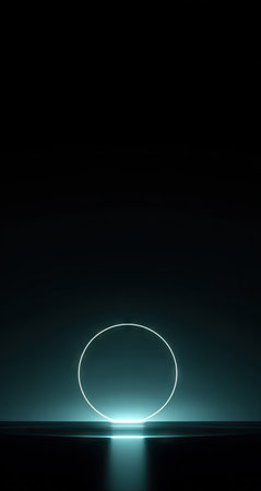 A luminous neon circle illuminates a reflective surface, creating a dynamic visual effect. The scene is enveloped in darkness, enhancing the contrast of the bright, cool-toned light. The composition features a symmetrical arrangement, suitable for various design and conceptual applications. The image can be used for presentations, advertising materials, and website backgrounds.の素材