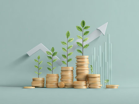This image depicts plants growing from stacks of coins with a rising arrow in the background. The visual style is modern, with soft lighting and a minimalist composition. The color palette includes green, gold, and a light blue background. This image could be used in various commercial or editorial contexts related to finance or investment.の素材