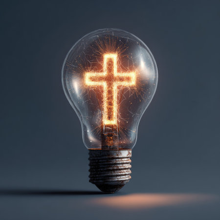 An illuminated cross shape glows brightly inside a transparent lightbulb, set against a dark background. The image presents a clean and modern style with detailed textures and lighting effects. This visual could be utilized for various commercial purposes, including conceptual illustrations and design projects.の素材