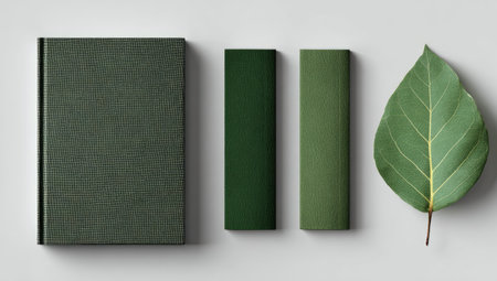 A top-down view shows a hardcover book and two rectangular objects in varying shades of green, alongside a single green leaf. The objects are arranged on a clean white background, emphasizing their form and color. This simple composition could be used for educational materials or design concepts.の素材