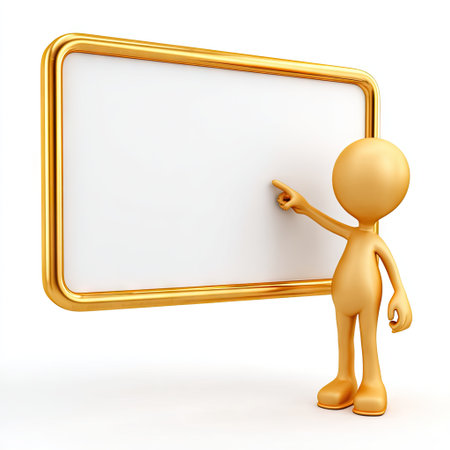 A golden, stylized figure points towards a blank rectangular board framed in gold. The figure and board are isolated on a white backdrop, employing a bright, artificial lighting style. The image showcases a visual for concepts like presentation, communication, or information display. It can serve for promotional or educational uses.の素材