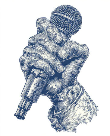 An illustration depicts a hand firmly grasping a microphone, rendered in a detailed, engraved style with blue tones. The composition is isolated against a white background, highlighting texture and form. This image could be used for various media purposes, showcasing themes of performance and communication.の素材