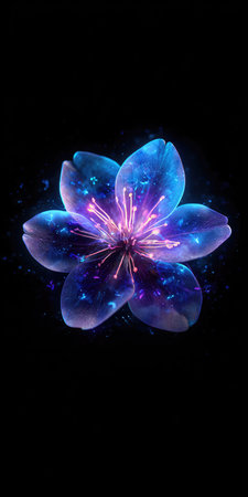 An illuminated flower is displayed against a black background. The image features a vibrant blue and purple color palette with light emanating from the center. The composition showcases a close-up perspective of the flower, suitable for use in design projects or as a decorative element.の素材