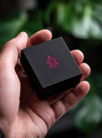 A hand carefully holds a small, black square box with a red floral pattern on its top. The box is set against a blurred background of green foliage. The close-up shot uses natural lighting, highlighting the box's texture. Suitable for various design projects, including product presentation or packaging concepts.の素材