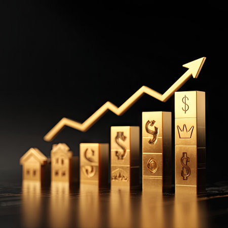 A golden bar chart is featured against a dark background, showcasing upward progress with an arrow. The composition includes miniature houses and dollar symbols. The design utilizes a sleek, digital rendering style with warm lighting. This image could be used in financial reporting, business presentations, or commercial promotions.の素材