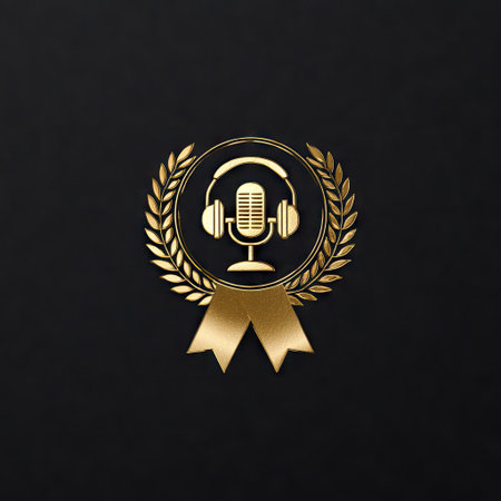 A golden emblem depicting headphones and a microphone framed by a laurel wreath sits against a dark backdrop. The design utilizes a flat, illustrative style and is rendered in a warm, metallic color. This visual could be used in various commercial applications, including branding and advertising, and would be suitable for digital platforms.の素材