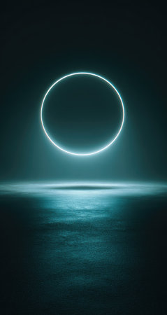 A luminous neon circle hovers above a textured surface, creating a stark visual contrast against a dark backdrop. The composition features a teal color palette and a soft, ambient lighting. The scene suggests a futuristic or abstract concept, suitable for design projects, technology presentations, and commercial applications.の素材