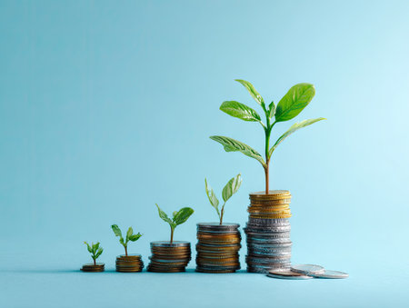 Image shows plants growing from stacks of coins, set against a soft blue background. The composition features a progression of coin stacks of increasing height, each supporting a growing plant. The lighting is soft and even, highlighting the textures of the coins and leaves. Suitable for illustrating financial concepts.の素材