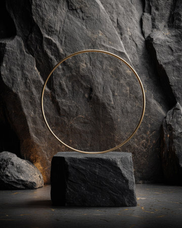 A golden ring levitates above a dark stone block set against a backdrop of rough, textured rock. The composition is simple, with a focus on geometric shapes and contrasting textures. The lighting is diffused, casting subtle shadows and enhancing the dramatic mood. This image could be used for conceptual or decorative purposes.の素材